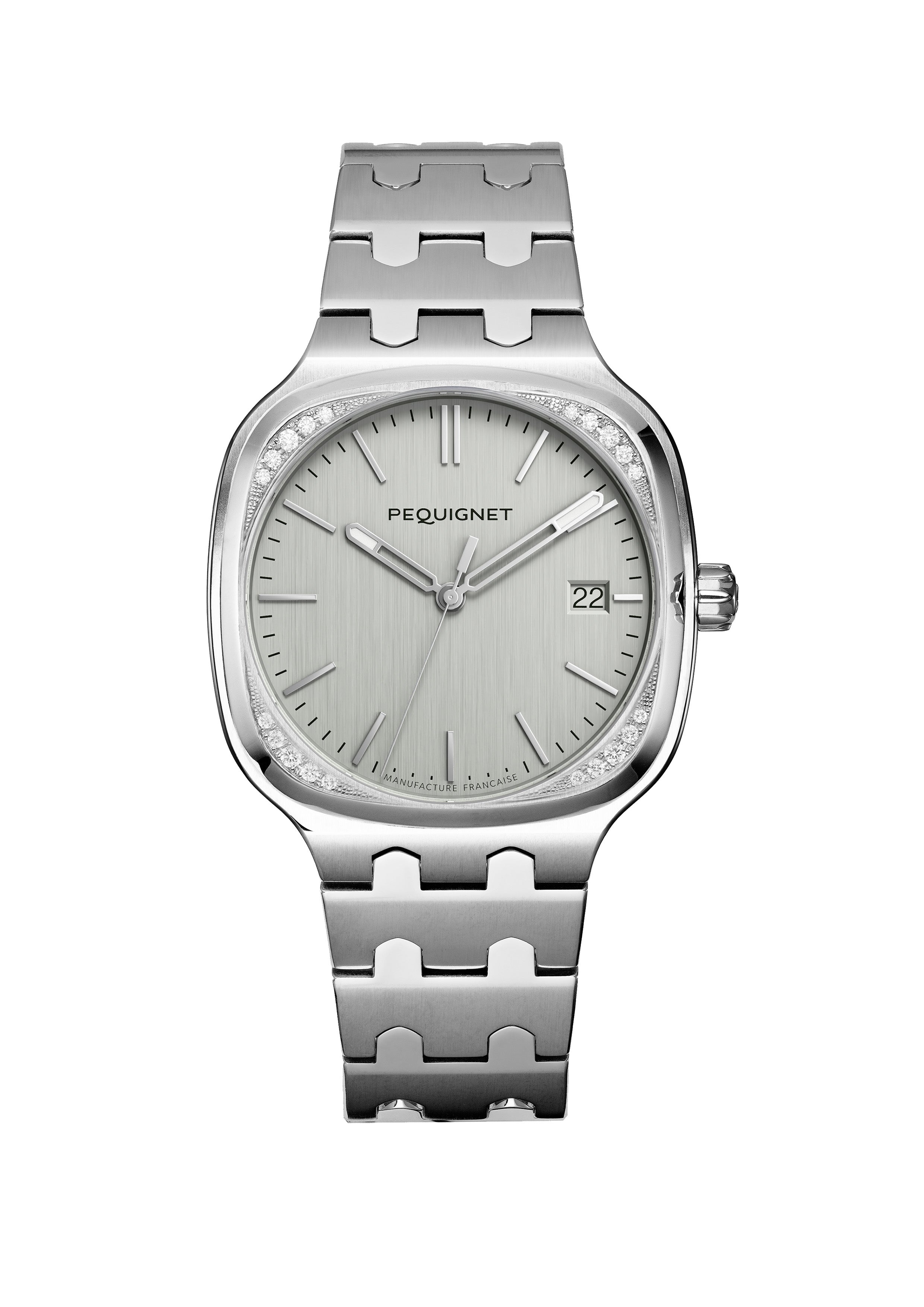 pequignet-concorde-cadran-argent-lunette-20-diamants-montre-acier-calibre-initia image 1