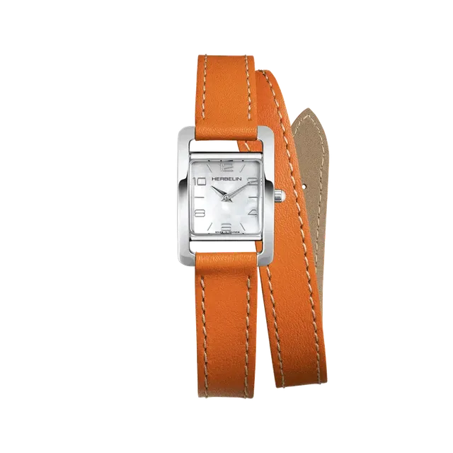 herbelin-ve-avenue-double-bracelet-cuir-orange-nacre-montre-femme image 1