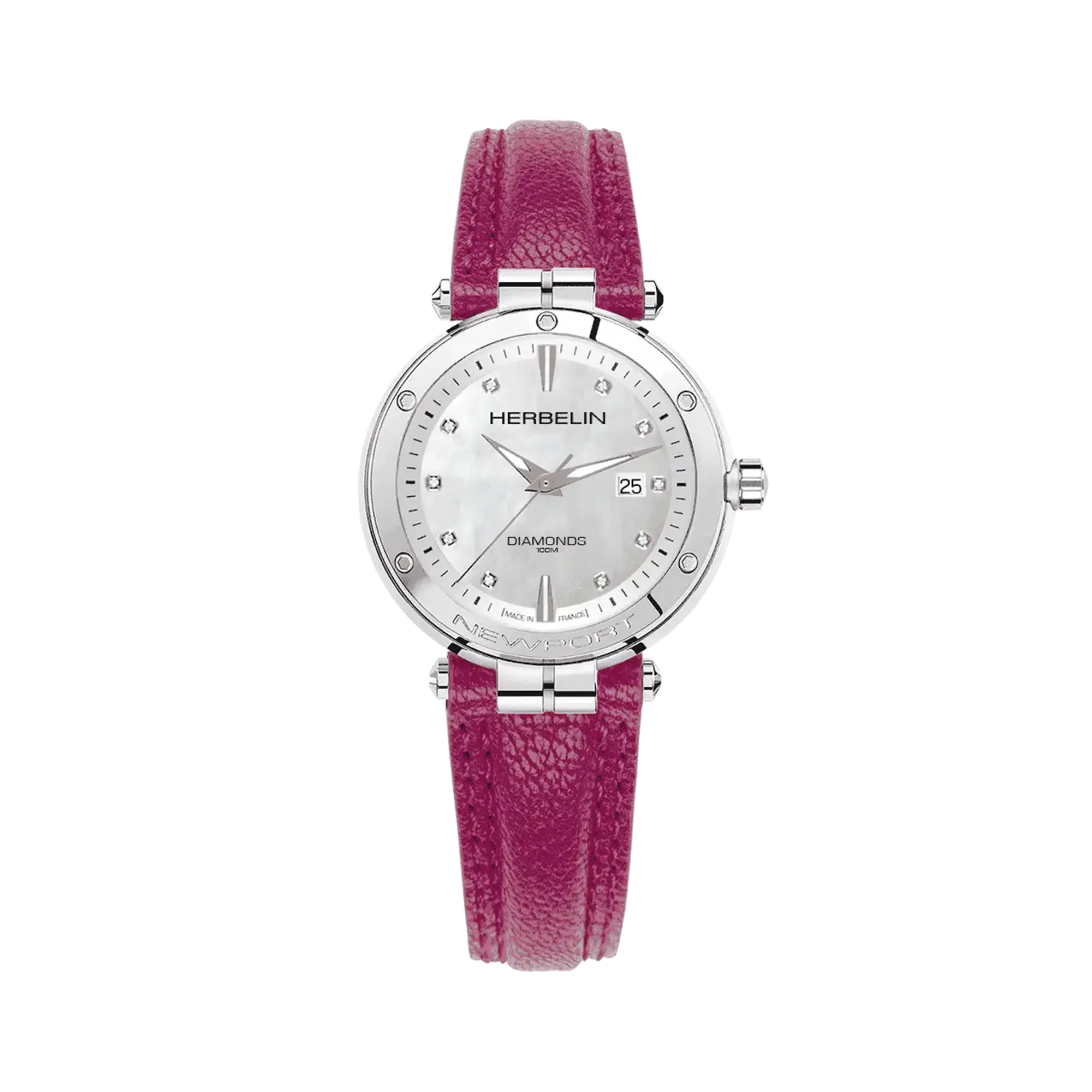 herbelin-newport-quartz-date-nacre-diamants-montre-femme-acier-cuir-fuchsia image 1