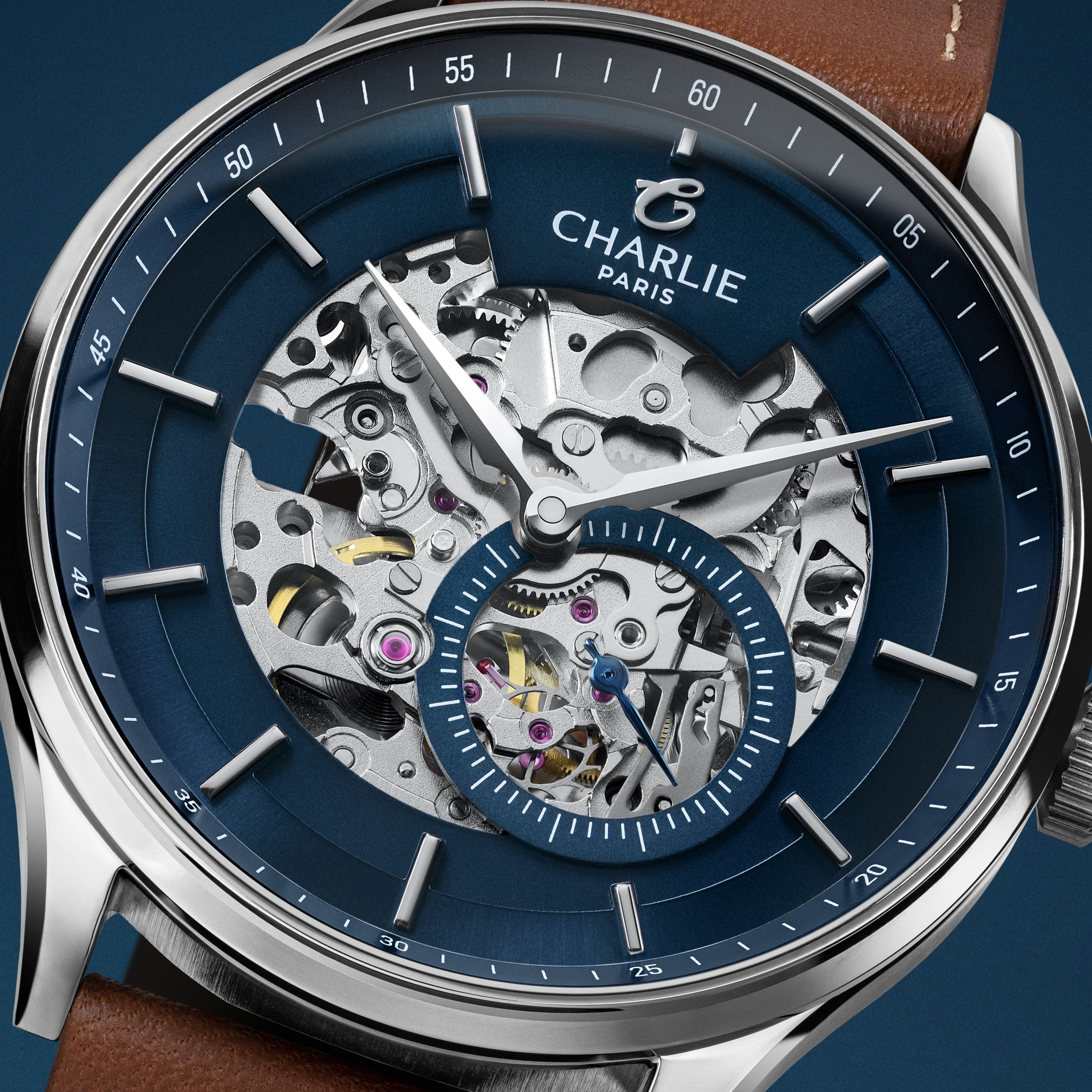 charlie-paris-initial-squelette-montre-automatique-homme-bleu-40mm-acier image 4