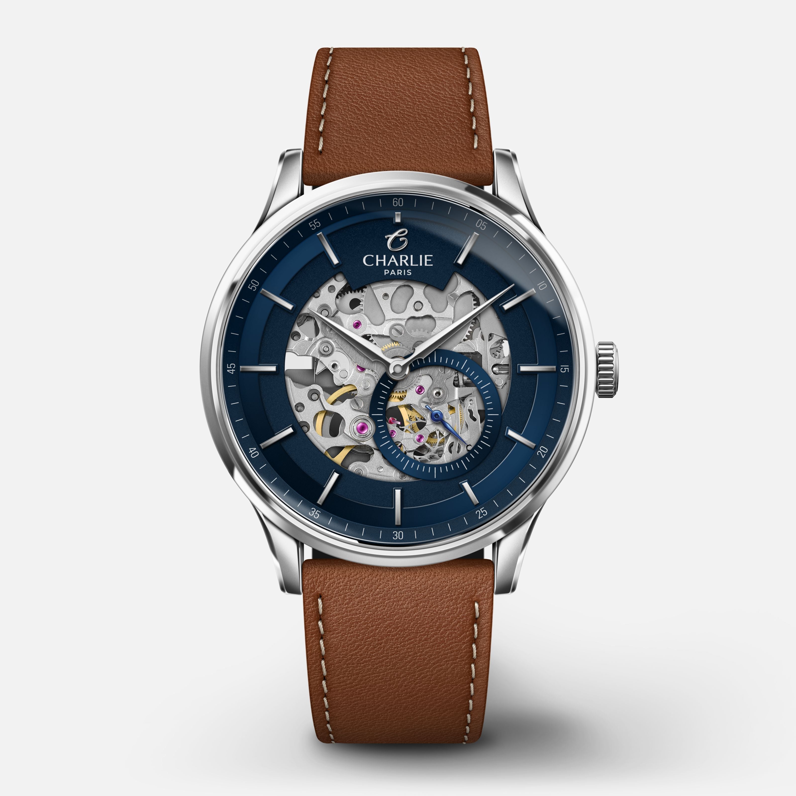 charlie-paris-initial-squelette-montre-automatique-homme-bleu-40mm-acier image 1