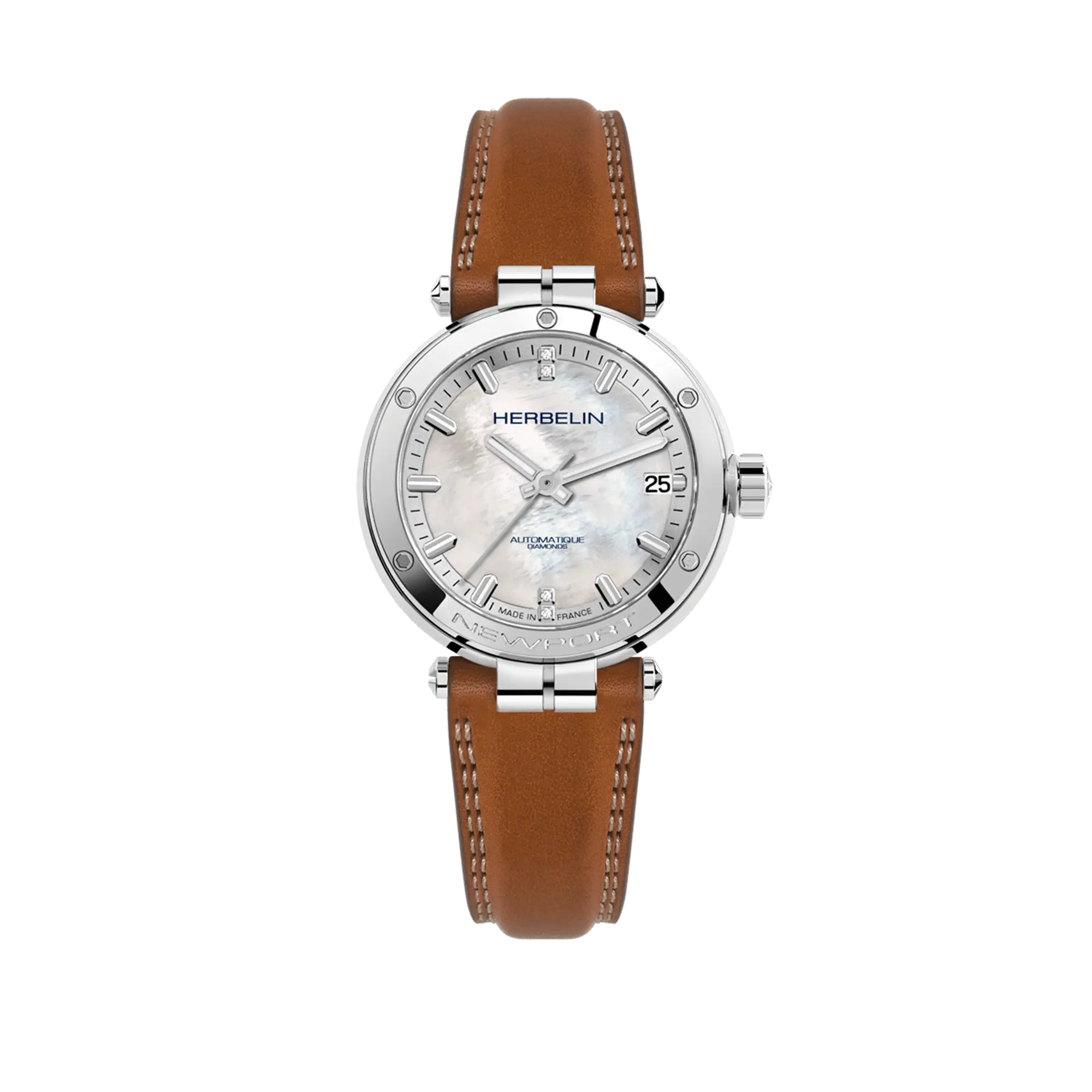 herbelin-newport-automatique-femme-nacre-diamants-cuir-gold image 1