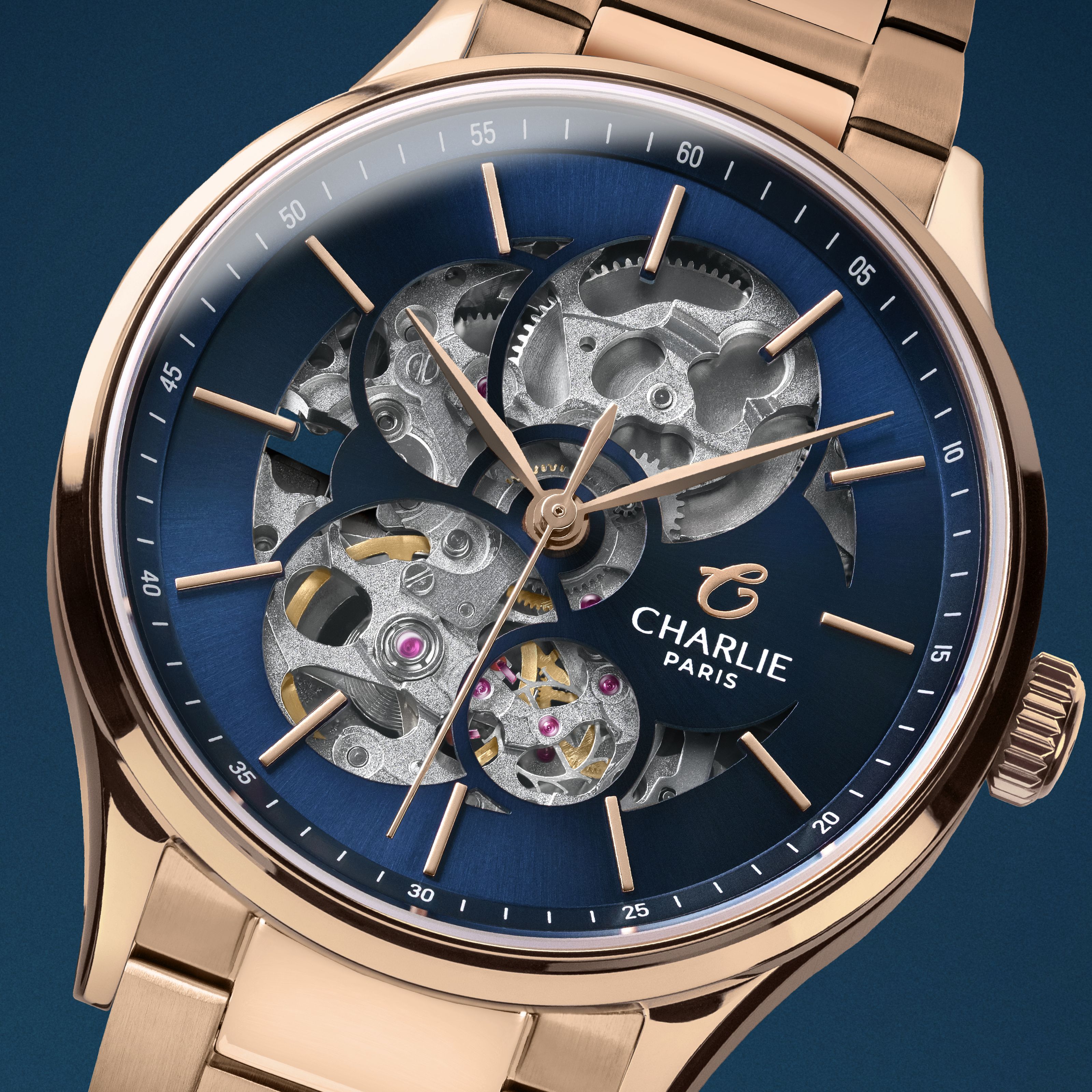 charlie-paris-initial-36-montre-automatique-femme-ajour-e-dor-rose-et-bleu-36-mm image 8