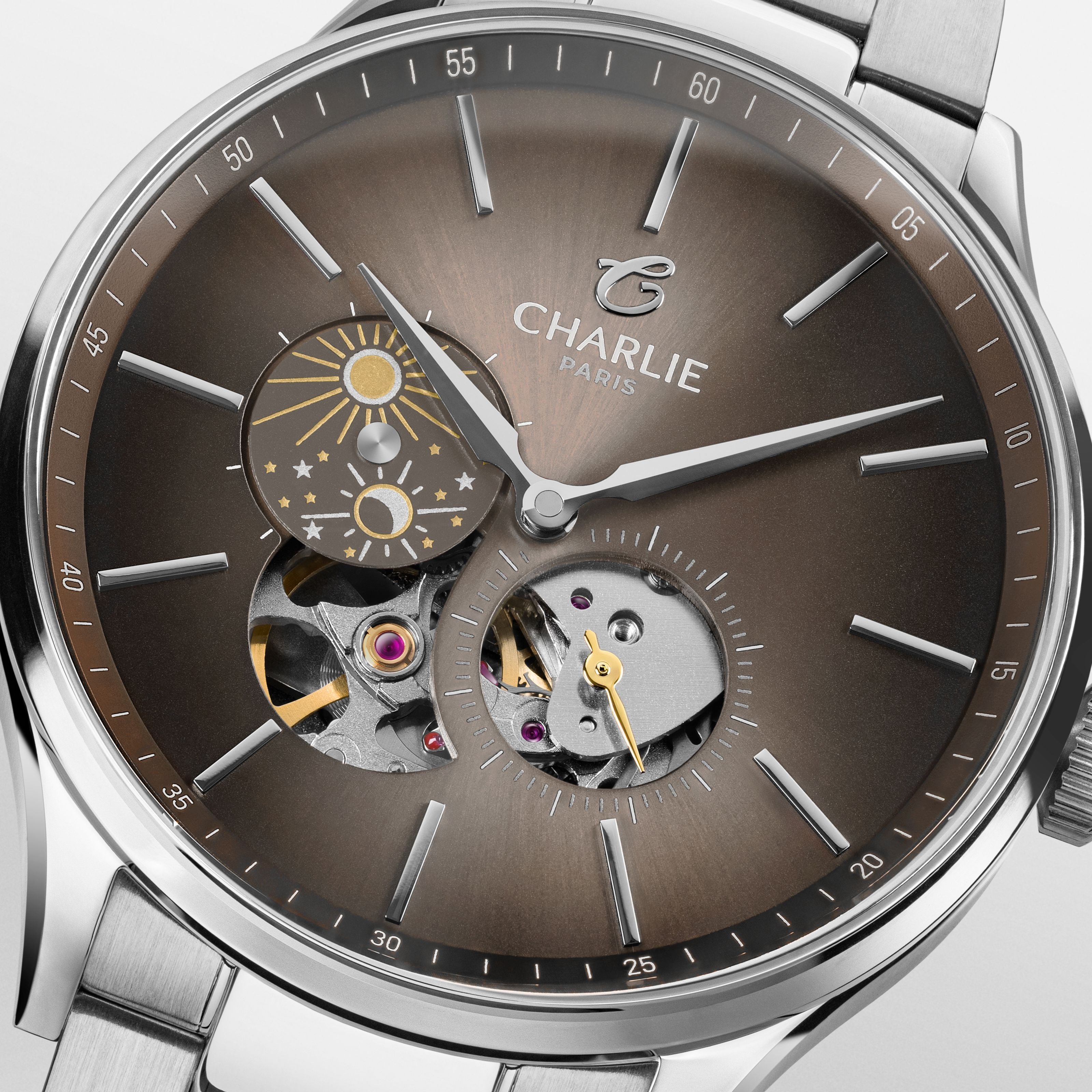charlie-paris-initial-montre-automatique-c-ur-ouvert-jour-nuit-taupe-40mm image 2