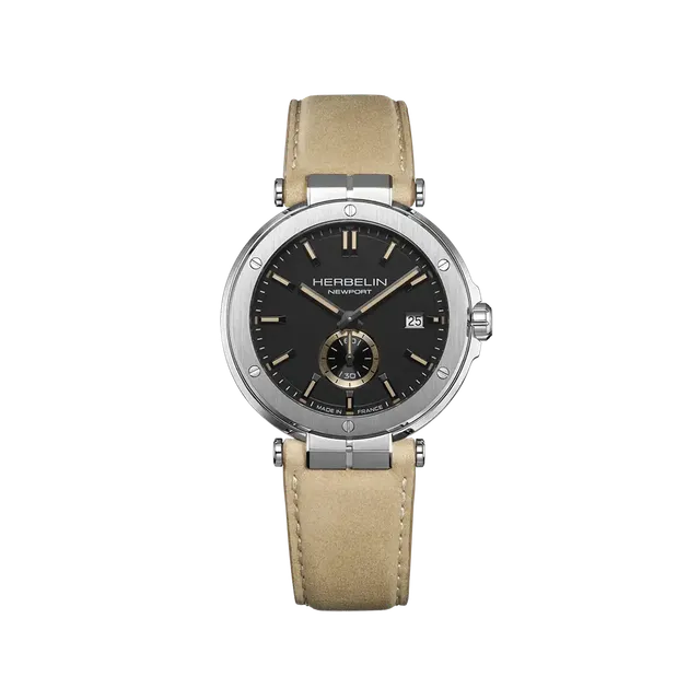 herbelin-newport-quartz-noir-cuir-beige-montre-homme-acier image 1