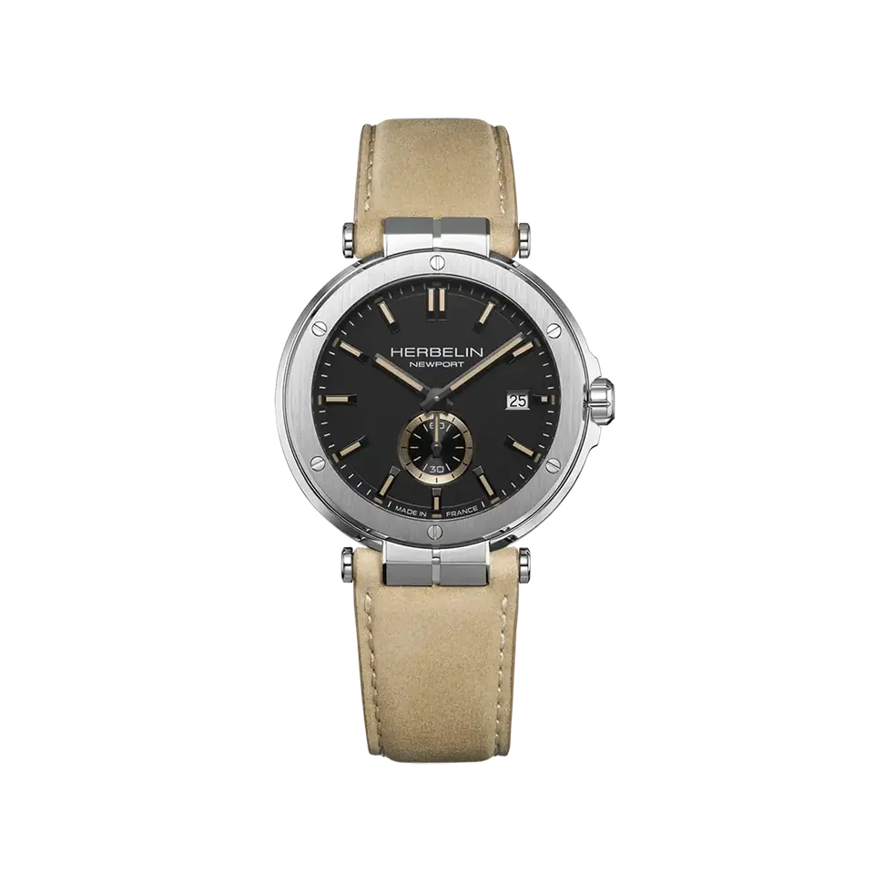 herbelin-newport-quartz-noir-cuir-beige-montre-homme-acier image 1