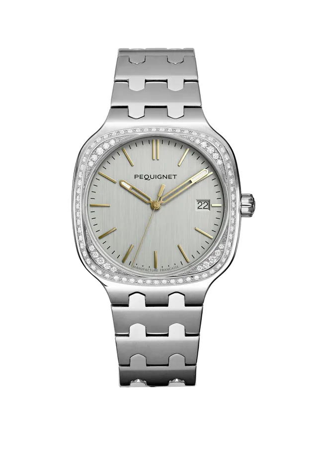 pequignet-concorde-montre-cadran-argent-index-dor-s-lunette-diamants image 1