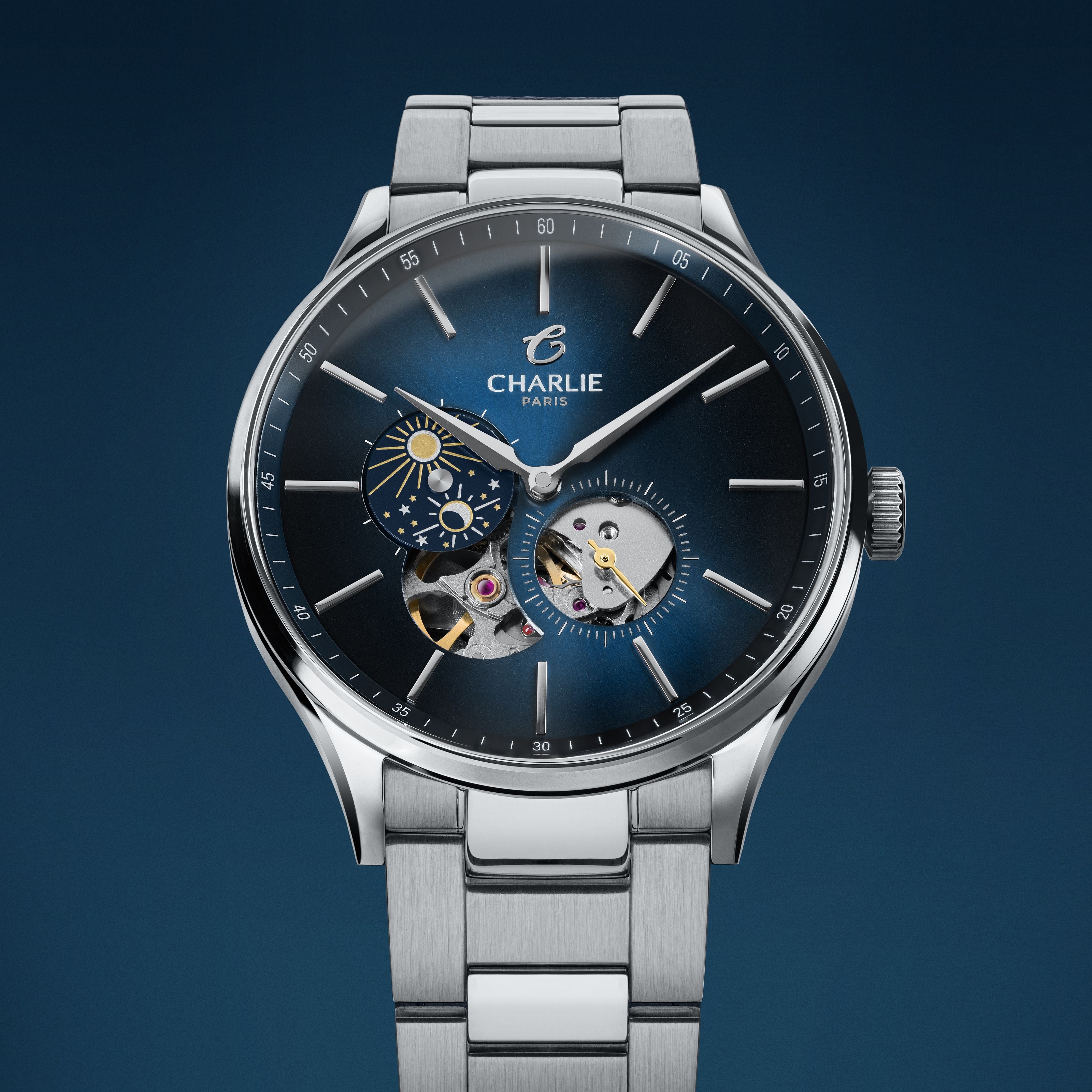 charlie-paris-initial-montre-automatique-c-ur-ouvert-jour-nuit-bleu-40mm-acier image 5