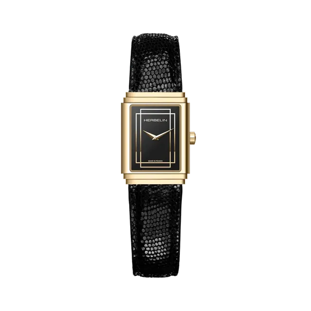 herbelin-art-d-co-1925-s-empire-montre-femme-pvd-or-jaune-cuir-noir-quartz image 1