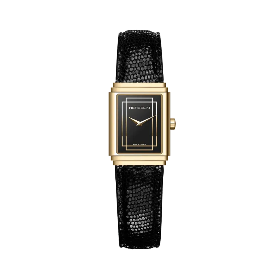 herbelin-art-d-co-1925-s-empire-montre-femme-pvd-or-jaune-cuir-noir-quartz image 1
