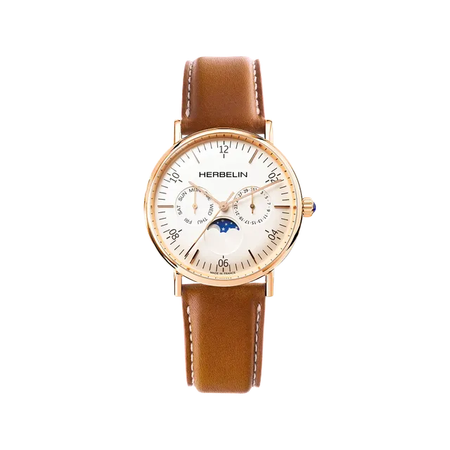 herbelin-inspiration-phase-de-lune-quartz-pvd-or-rose-cuir-gold-homme image 1