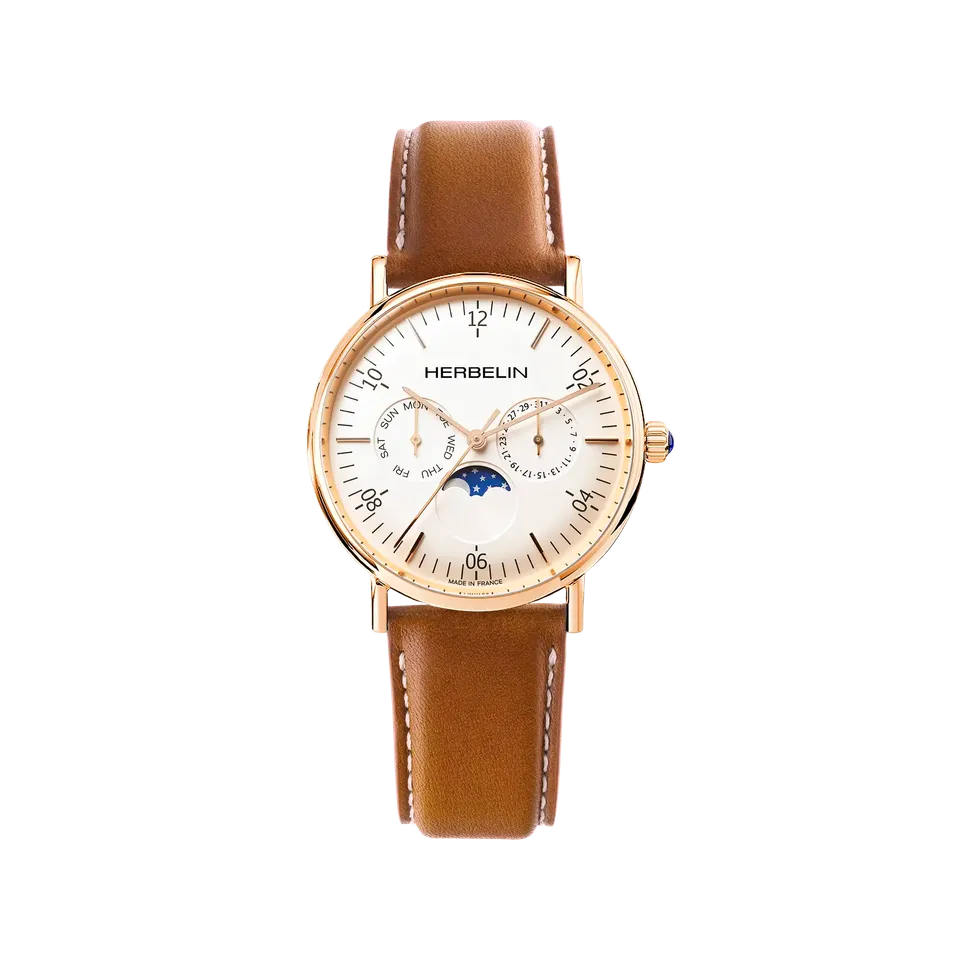 herbelin-inspiration-phase-de-lune-quartz-pvd-or-rose-cuir-gold-homme image 1