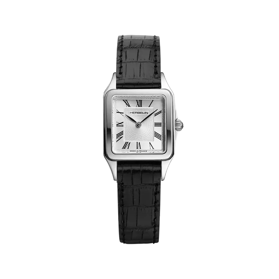herbelin-luna-montre-quartz-femme-acier-cadran-argent-bracelet-cuir-noir image 1