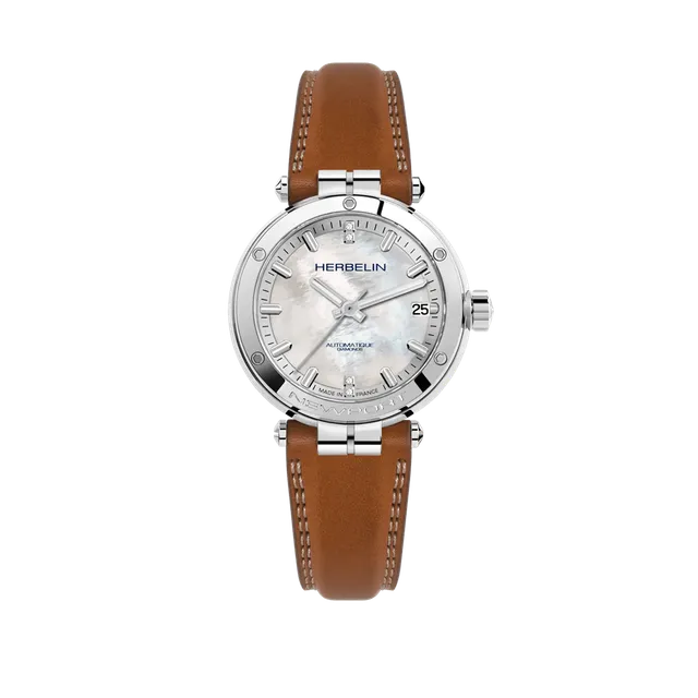 herbelin-newport-automatique-femme-nacre-diamants-cuir-gold image 1