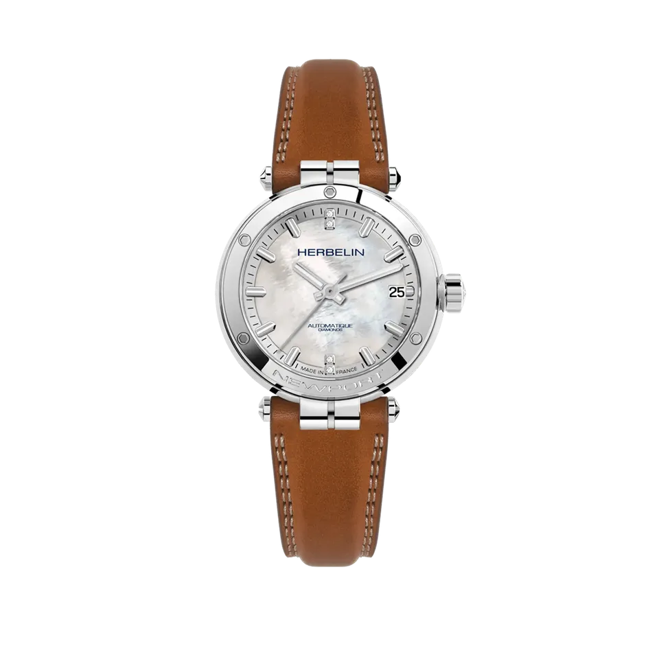 herbelin-newport-automatique-femme-nacre-diamants-cuir-gold image 1
