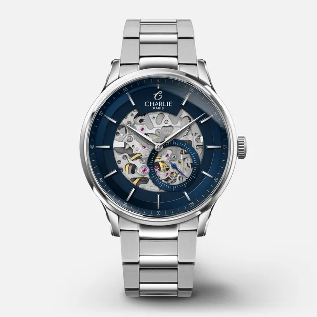 charlie-paris-initial-squelette-bleu-montre-automatique-homme-40mm image 1