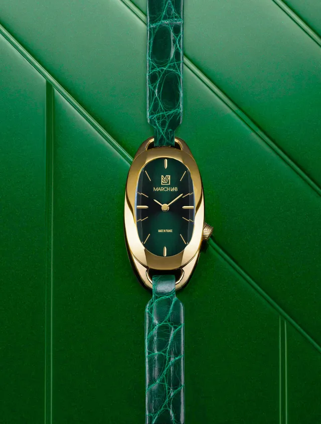 march-la-b-oblongue-emerald-20-mm-montre-femme-ovale-verte-dor-e-quartz image 1
