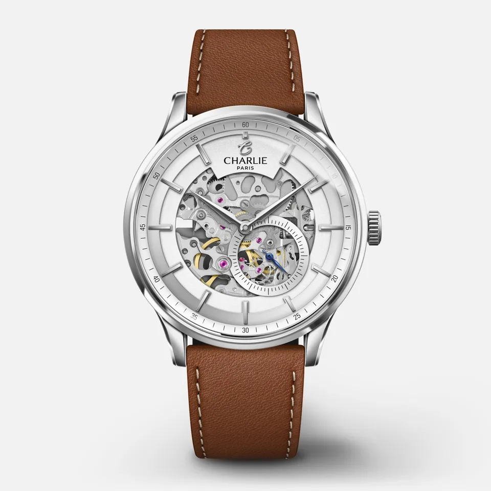 charlie-paris-initial-squelette-montre-automatique-homme-blanc-40mm-acier image 1