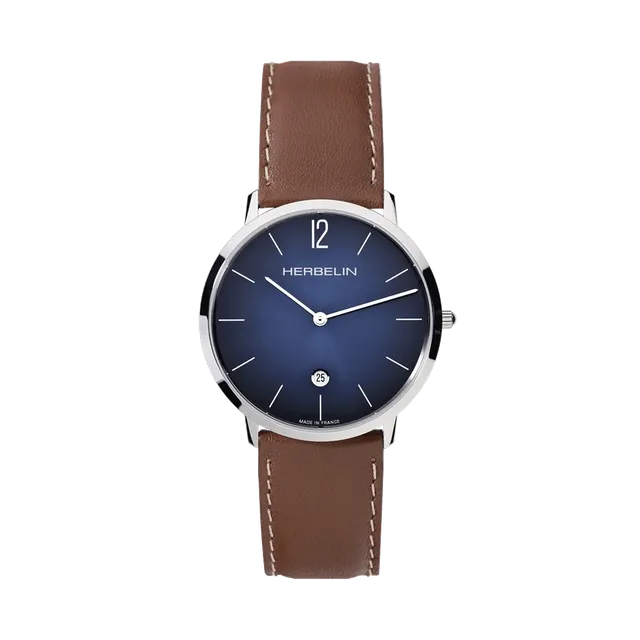 herbelin-city-quartz-montre-homme-bleu-cuir-brun-acier-316l image 1