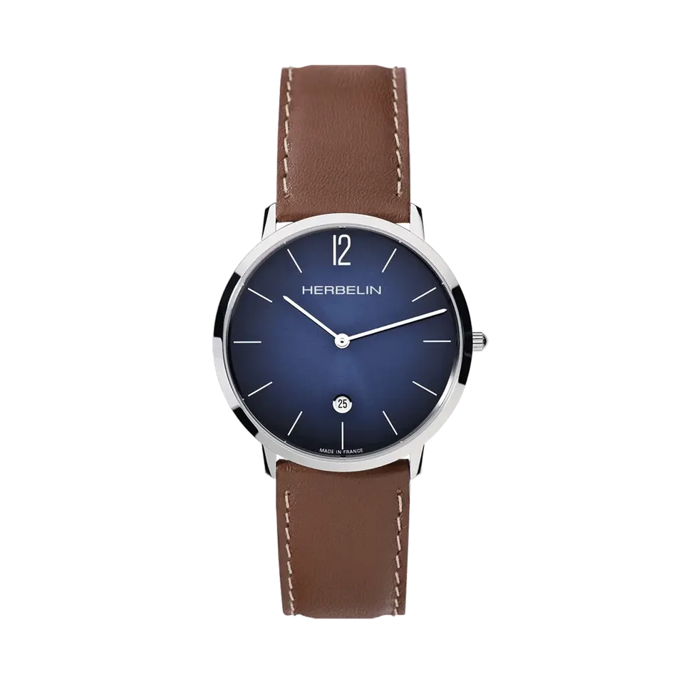 herbelin-city-quartz-montre-homme-bleu-cuir-brun-acier-316l image 1