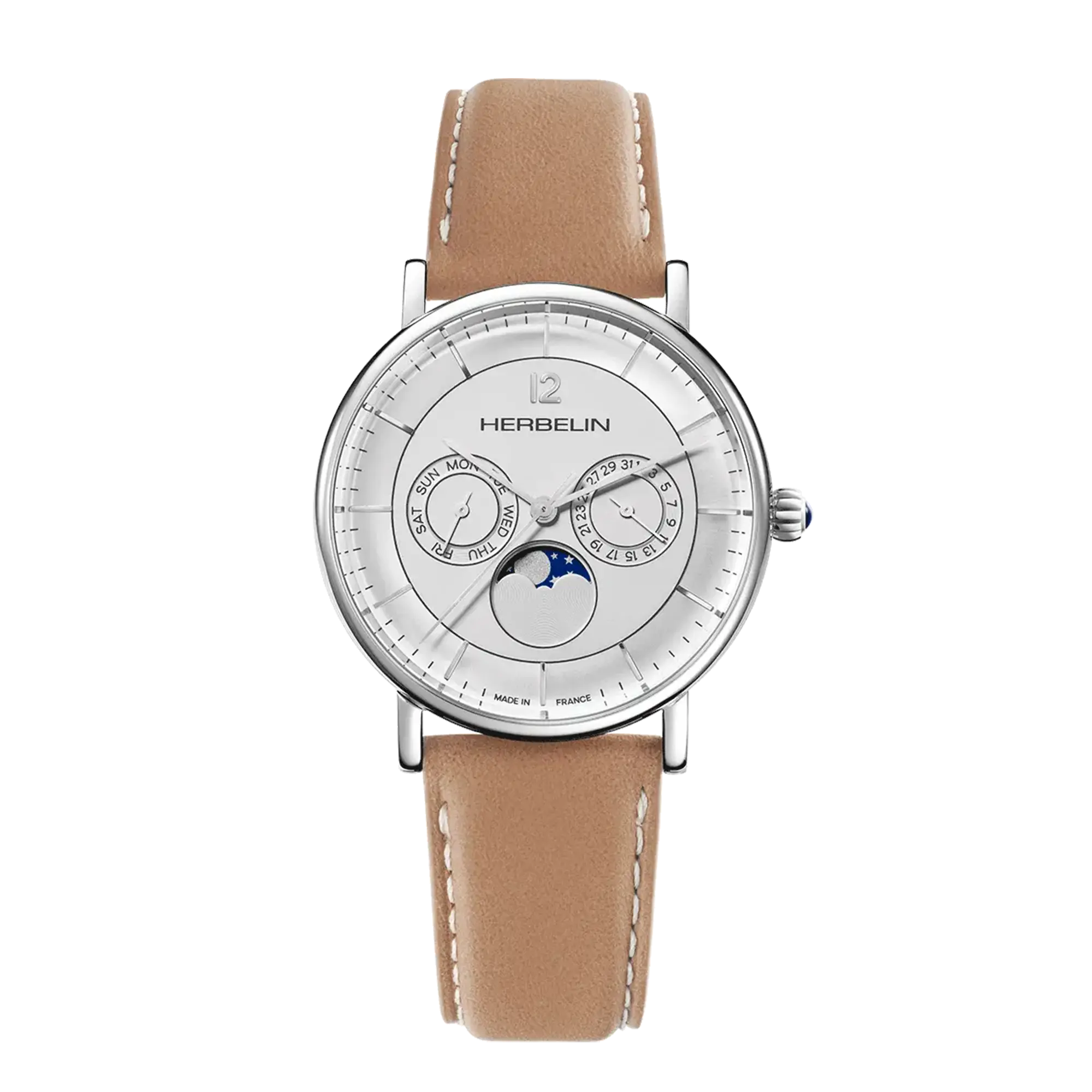 herbelin-inspiration-phase-de-lune-quartz-acier-cadran-argent-et-cuir-camel-homm image 1