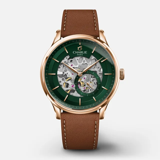 charlie-paris-initial-squelette-montre-automatique-homme-vert-et-dor-rose-40mm image 1