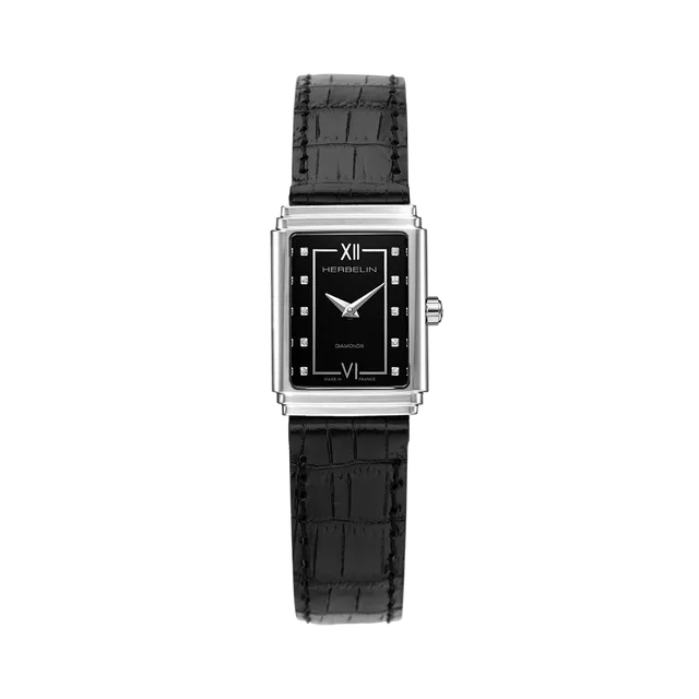 herbelin-art-d-co-1925-s-femme-acier-diamants-bracelet-cuir-quartz image 1