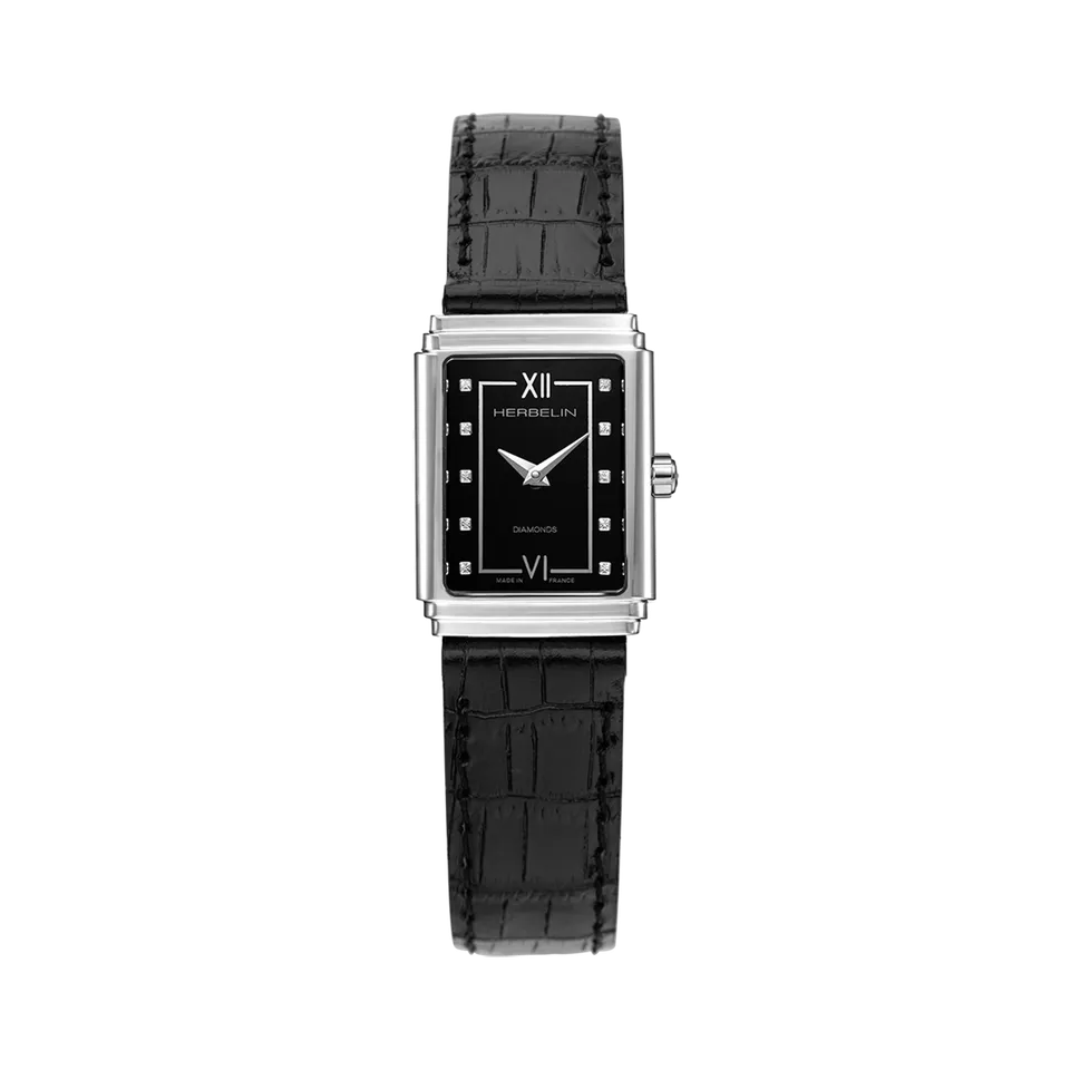 herbelin-art-d-co-1925-s-femme-acier-diamants-bracelet-cuir-quartz image 1