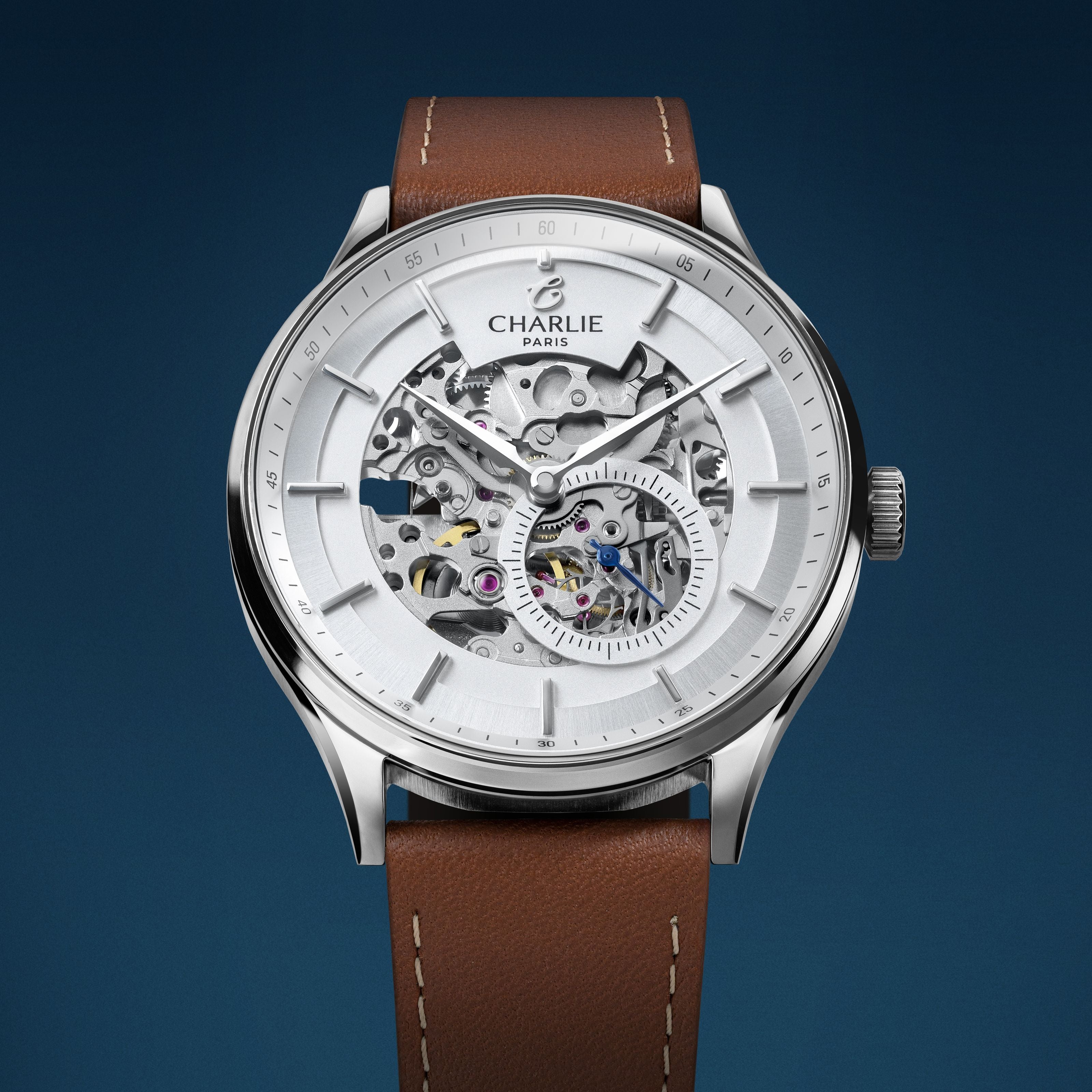 charlie-paris-initial-squelette-montre-automatique-homme-blanc-40mm-acier image 4