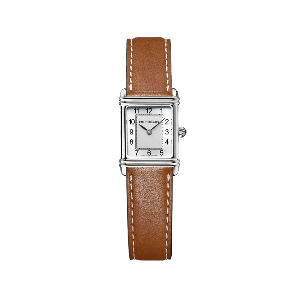 herbelin-art-d-co-femme-quartz-acier-cuir-camel-cadran-argent image 1