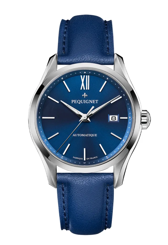 pequignet-l-gance-cadran-bleu-date-3-aiguilles-automatique-montre-homme-urbaine image 1