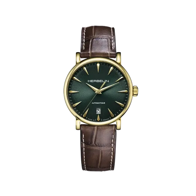 herbelin-inspiration-automatique-homme-pvd-or-38-mm-vert-cuir-brun image 1